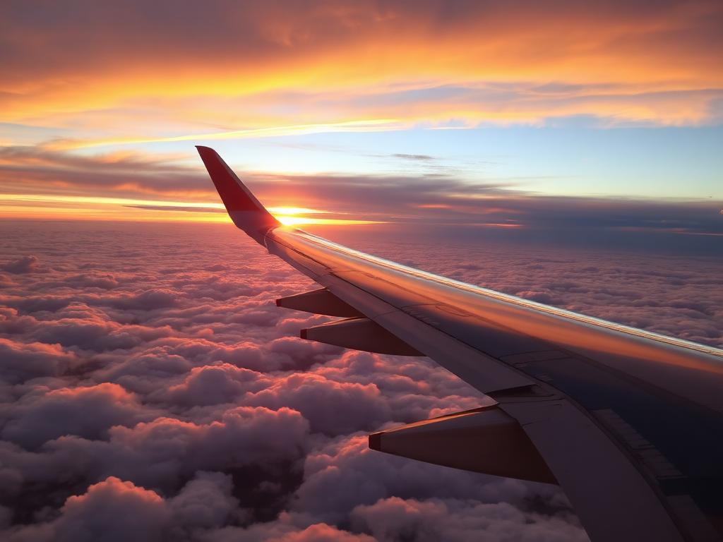 Airplane wing above clouds at sunset