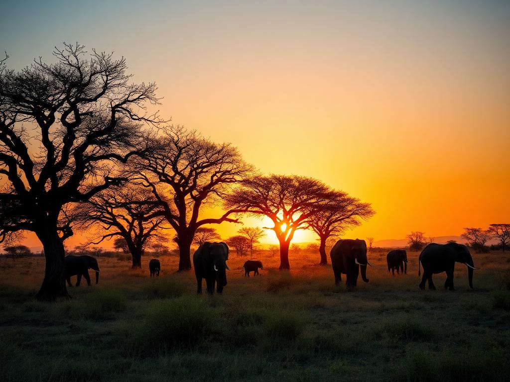 African safari with elephants at sunset